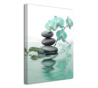 LZIMU Zen Bathroom Wall Art Orchid Flower with Zen Stones Pictures Spa Painting Still Life Canvas Prints for Meditation Spiritual Room Decor Framed (Teal, 24L x 16W)