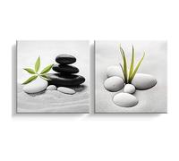 LZIMU Zen Canvas Wall Art 2 Panels Gray Stones and Green Leaf on the Sand Picture Prints Bathroom Artwork for Yoga Massage Meditation Spa Room Decor Framed (Zen-2, 10.00"x10.00"x2)