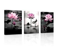 LZIMU Zen Lotus Flower Wall Art 3 Panels Black and White and Pink Water Lilies Pictures Canvas Prints Bathroom Decor for Yoga Studio Meditation Spa Room Framed (Zen-1, 16.00"x24.00"x3)