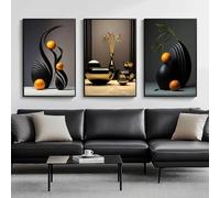 LZJAGXX Black Abstract Wall Art Modern Still Lifes Pictures orange Black Shape Canvas Posters Prints for Living Room Bedroom(20x30cmx3/Frameless)