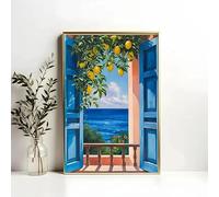 LZJAGXX Mediterranean Canvas Painting Lemon Blue Coastal Poster Print Travel Windows Scenery Wall Art for Living Room Home Decor(70x100cm/Frameless)