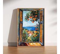 LZJAGXX Open Window Canvas Print, Colorful Landscape Painting,Mediterranean Sea Wall Art,Orange Tree,Coastal View Canvas Poster 30x40cm Unframed