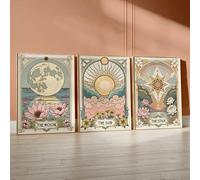 LZJAGXX Set of 3 Retro Sun, Stars and Moon Tarot Cards Art Prints, Retro Flower and Plant Wall Decorations, Bohemian Canvas Poster(30x40cmx3/Canvas Wrapped)