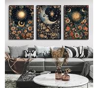 LZJAGXX Sun and Moon Celestial Canvas Wall Art Tarot Crescent Moon Picture Wall Decor Gothic Wildflowers Painting Posters Print(50x70cmx3/Canvas Wrapped)
