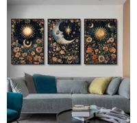 LZJAGXX Sun and Moon Celestial Wall Art Floral Night Canvas Painting Tarot Flowers Posters and Prints Living Room Bedroom Decor 60x90cmx3 Unframed