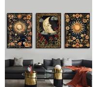 LZJAGXX Tarot Canvas Wall Art Sun And Moon Celestial painting Decor Pictures Astrology Gothic Wildflowers Star Posters Prints(40x60cmx3/Frameless)