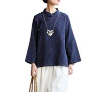 LZJN Fall Spring Women Shirts Jacquard Chinese Cheongsam Frog Button Tops Blouse, Blue, One Size