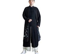 LZJN Men's Trench Coat Long Printed Tang Suit Kung Fu Cotton Linen Robe Chinese Style Fake Two Piece Jackets (Black, S)