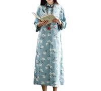 LZJN Women Floral Print Dress Casual Loose Dress Chinese Style Cheongsam Dress Blue