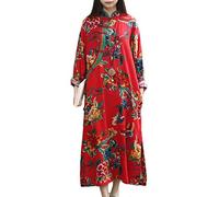 LZJN Women Floral Print Dress Chinese Cheongsam Dress Casual Maxi Dress (Red, M)