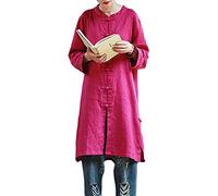 LZJN Women Long Shirts Chinese Tang Suit Style Tops Button Down Shirts (Rose, One Size)
