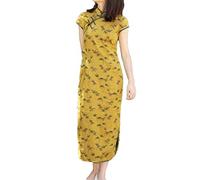 LZJN Women Summer Dress Chinese Cheongsam Long Chinese Modern Qipao Cotton Linen Oriental Style Qipao Dress (Dark Yellow, M)