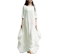 LZJN Women's 2026 Spring Fall Linen Blend Bohe Dress Long Sleeve Maxi Dress Casual Loose Fitin Plain Dresses with Pockets, 1274 White, One size