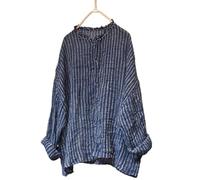LZJN Women's Button Down Shirts Sand Wash Linen Shirt Long Sleeve Pleated Striped Loose Fit Blouse, Blue Stripe, One Size
