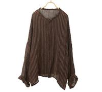 LZJN Women's Button Down Shirts Sand Wash Linen Shirt Long Sleeve Pleated Striped Loose Fit Blouse, Coffee Stripe, One Size