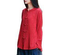 LZJN Women's Casual Cotton Linen Button Down Blouse Cardigan Shirts Long Sleeve Loose T-Shirt Tops with Pockets (BXF2327 Red, One Size)
