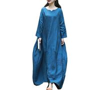 LZJN Women's Casual Loose Maxi Long Dress Linen Hand Embroidered Long Sleeve Plus Size Dress (Blue, One Size)