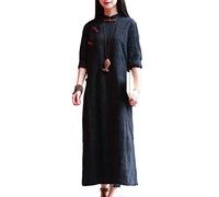 LZJN Women's Chinese Jacquard Cotton Linen Cheongsam Style Casual Qipao Dress (F1122 Black, M)