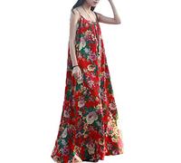 LZJN Women's Cotton Linen Bohemian Floral Print Sleeveless Spaghetti Strap Long Maxi Summer Beach Swing Dress (Red, S)