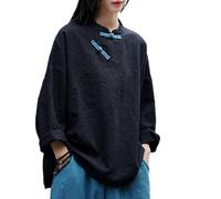 LZJN Women's Cotton Linen Shirts Long Sleeve Chinese Style Frog Button Top Blouses, Black, One Size