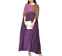 LZJN Women's Floral Maxi Patchwork Dress Half Sleeve Vintage High Low Loose Cotton Linen Kaftan Dress with Pockets (M1687 Purple)