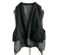 LZJN Women's Linen Double-Layer Vest Sleeveless Cardigan Open Front Kimono Boho Vintage Waistcoat with Pockets Handwoven, Black Green, One Size