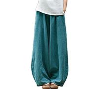 LZJN Women's Linen Pants Lantern Tapered Soft Elastic Waist Trousers with Pockets (Lake Blue)