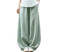LZJN Women's Linen Pants Lantern Tapered Soft Elastic Waist Trousers with Pockets (Pea Green)