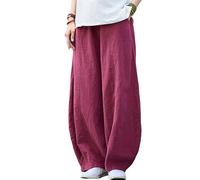 LZJN Women's Linen Pants Lantern Tapered Soft Elastic Waist Trousers with Pockets (Wine red)