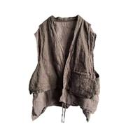 LZJN Women's Linen Vest Sleeveless Cardigan Open Front Kimono Boho Vintage Waistcoat with Pockets Handwoven, Grey Green, One Size
