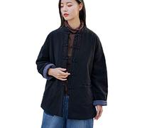 LZJN Womens Quilted Short Coat Jacket Chinese Style Tang Suit Cotton Linen Coat with Pockets (S-80 Black, one_size)