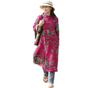 LZJN Women's Vintage Floral Trench Coat Plus Size Cotton Linen Boho Long Jacket with Pockets Outerwear, Rose Red Winter Quilted, One size