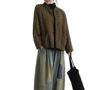 LZJN Women's Vintage Quilting Jacket Linen Cotton Chinese Frog Button Short Coat Loose Fall Winter Top, Small Florals on Green, One size