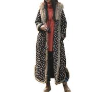 LZJN Women's Warm Overcoat Floral Print Long Jacket Cotton Linen Vintage PatchworkThin Cotton Hooded Winter Quilted, Black With Small Flowers,One Size
