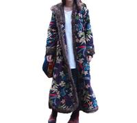 LZJN Women's Warm Overcoat Floral Print Long Jacket Cotton Linen Vintage PatchworkThin Cotton Hooded Winter Quilted, Blue With Leaves and Flowers, XL