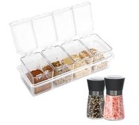 LZLINGMEI Spice Box with Salt and Pepper Grinder Set, 4 Slot Clear Seasoning Box Storage with Lids and Spoons, Kitchen Spice Jars Condiment Containers for Salt Sugar Cruet