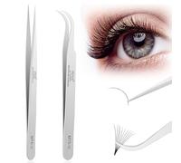 LZM 2 Pcs Eyelash Extension Tweezers, J Curved Eyelash Tweezers Straight Lash Extensions Tweezers for Volume & Individual Lash Tweezers, Precise Lash Tweezers (MTS-12 & MTS-15)