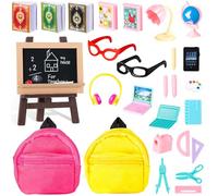 LZMDISU 30Pcs Mini School Supplies, Doll School Supplies Includes Mini Doll Glasses Backpack Blackboard Laptops Ruler Scissors Mini Book Palette Paper Calculator for Dolls Accessories Set