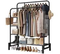 LZNIOZ Clothes Rail for Bedroom - Double Clothing Rail with shelves, Black | Hanging Rails for Clothes with 3 Tier Storage Shelves & 4 Coat Hooks, Multifunctional Clothes Rack for Closet Laundry