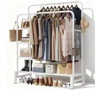 LZNIOZ Clothes Rail Heavy Duty, Double Rods Clothing Rail with Shoe Rack, 3 Tier Storage Shelves & 4 Coat Hooks, Multifunctional Clothes Rack for Bedroom, Laundry, Living Room, White