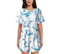 LZNJZ Round Neck Top & Short Women's Pyjama Sets, Watercolor Cute Dolphin Pyjamas for Women