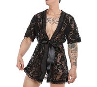 LZPCarra Lightweight bathrobe men's short: dressing gown mens lightweight summer sheer bathrobes short sleeve men's bathrobe sexy nightwear lace sleep shirt gifts for men, black, M