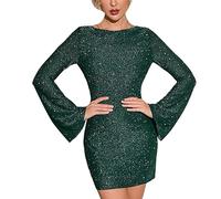 LZPCarra Women Solid Color Sequin Backless Long Sleeve Shiny Slim Cocktail Dress Women Dark Red, Green, L
