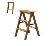 LZQDMFF 3/4/5 Tier Foldable Wooden Step Ladder 220LBS Capacity, Multi-Functional Folding Ladder Stool, Anti-Slip Wide Pedal, for Home/Kitchen/Garage, Household Ladder (3 floors Natural wood tone)