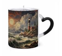 LZQPOEAS 11 Oz Color Changing Mug - Heat Sensitive Ceramic Cup with Heart Handle, Coast Wave And Lighthouse Coffee Mug Reveals Hidden Design Tea Cup Magic Mugs Funny Gifts for Christmas, Birthday