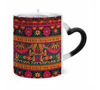 LZQPOEAS 11 Oz Color Changing Mug - Heat Sensitive Ceramic Cup with Heart Handle, Mexican Folk Art Boho Coffee Mug Reveals Hidden Design Tea Cup Magic Mugs Funny Gifts for Christmas, Birthday
