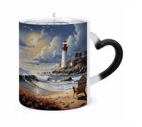 LZQPOEAS 11 Oz Color Changing Mug - Heat Sensitive Ceramic Cup with Heart Handle, Sea Lighthouse Sandbeach Coffee Mug Reveals Hidden Design Tea Cup Magic Mugs Funny Gifts for Christmas, Birthday