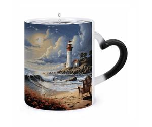 LZQPOEAS 11 Oz Color Changing Mug - Heat Sensitive Ceramic Cup with Heart Handle, Sea Lighthouse Sandbeach Coffee Mug Reveals Hidden Design Tea Cup Magic Mugs Funny Gifts for Christmas, Birthday