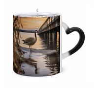 LZQPOEAS 11 Oz Color Changing Mug - Heat Sensitive Ceramic Cup with Heart Handle, Wild Goose by The Bridge Coffee Mug Reveals Hidden Design Tea Cup Magic Mugs Funny Gifts for Christmas, Birthday