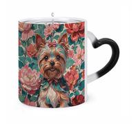 LZQPOEAS 11 Oz Color Changing Mug - Heat Sensitive Ceramic Cup with Heart Handle, Yorkie Floral Coffee Mug Reveals Hidden Design Tea Cup Magic Mugs Funny Gifts for Christmas, Birthday